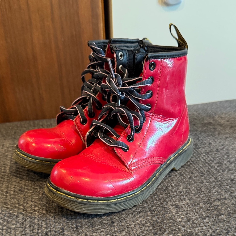 Dr. Martens Delaney red zip up laced patent leather boots